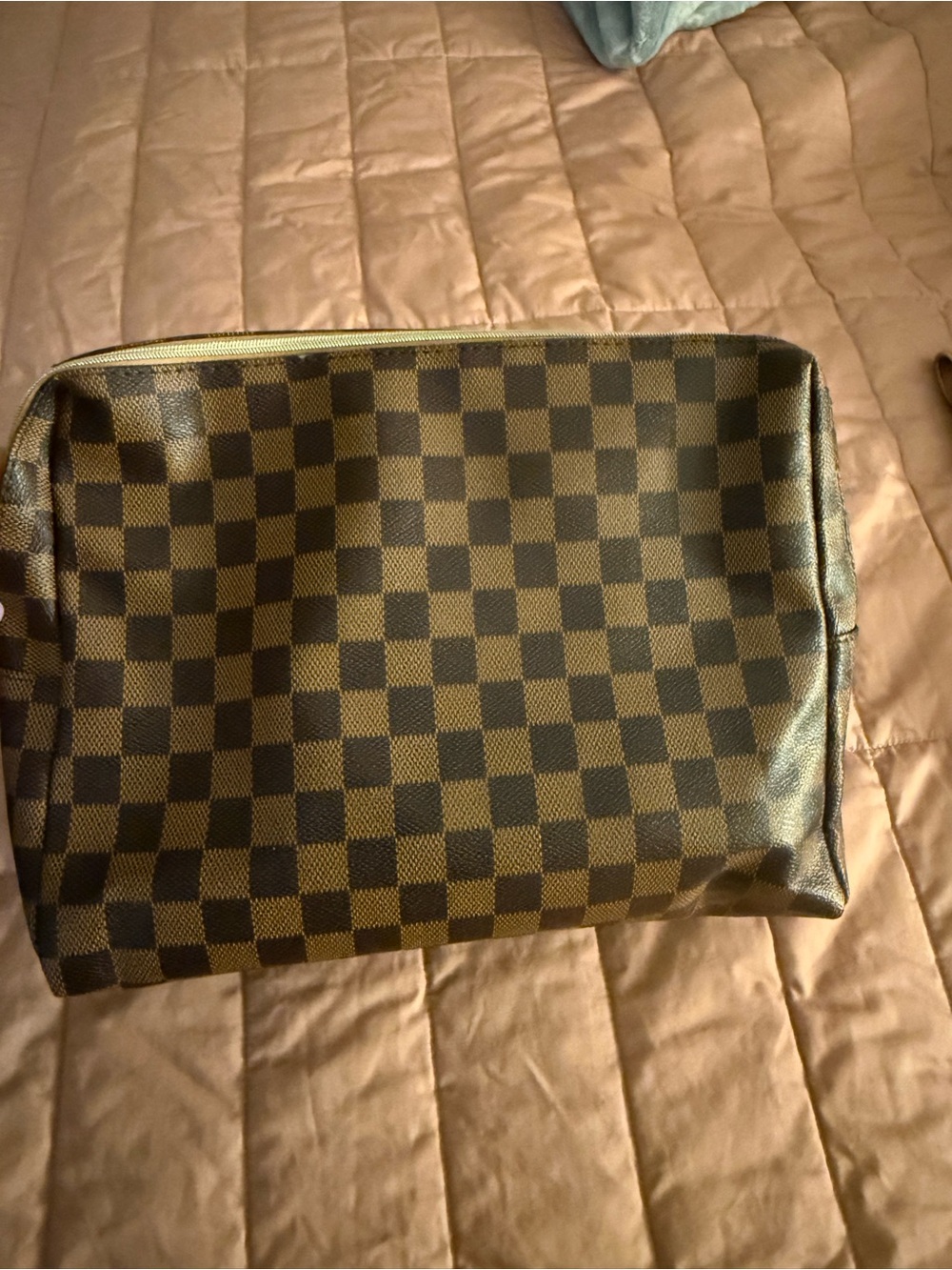 Brown Checkered Travel Toiletry Bag